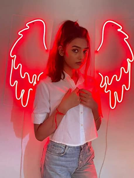 Red Neon Wings LED Light - 18" x 12" - for Room, Party, Bar - Brightness Controller