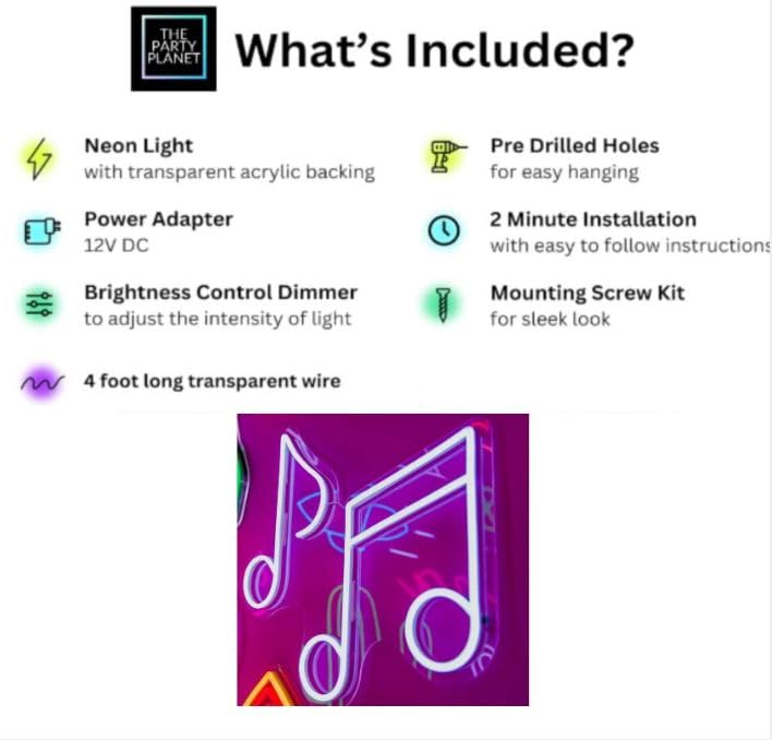 Music Notes Neon Light - Bedroom Wall Decor, Game Room, Party, Bar - LED Neon Sign