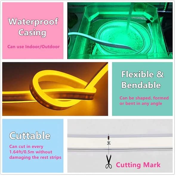 16.4ft LED Neon Strip Rope Lights, Flat Silicone, Cuttable, IP65 Waterproof, Warm White