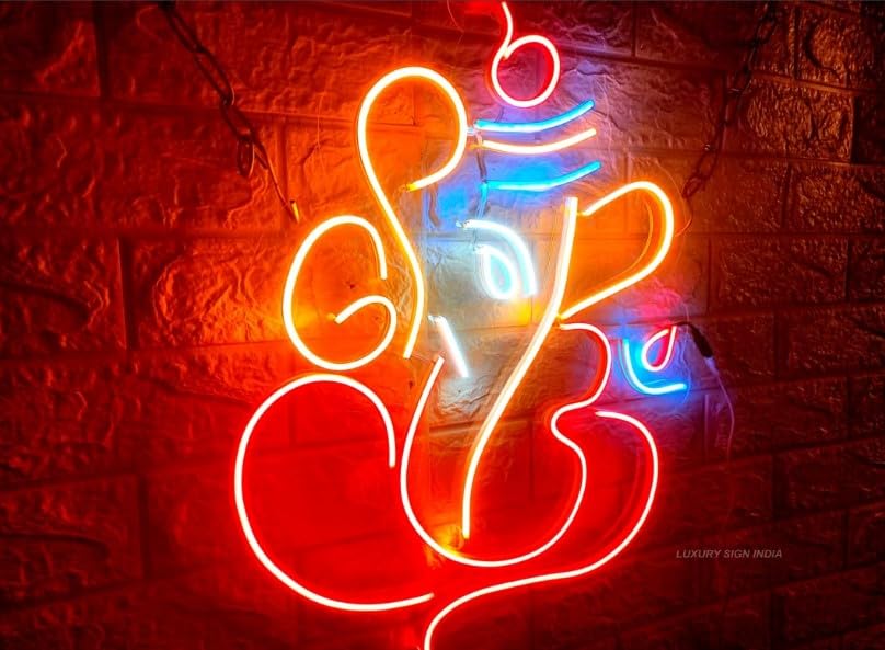 Ganesh Ji LED Neon Wall Decor | Temple or Living Room | Lord Ganesh Neon Light | 24x18 inches, Orange Blue