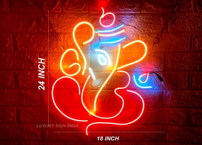 Ganesh Ji LED Neon Wall Decor | Temple or Living Room | Lord Ganesh Neon Light | 24x18 inches, Orange Blue