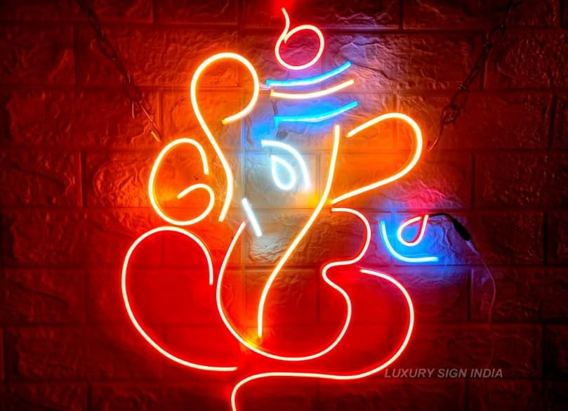 Ganesh Ji LED Neon Wall Decor | Temple or Living Room | Lord Ganesh Neon Light | 24x18 inches, Orange Blue