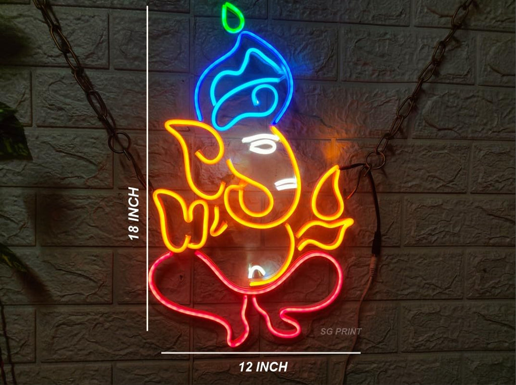 Ganesha LED Neon Light | Wall Decor | Living Room Wall Light | Lord Ganesha Neon (24x18 inches) - Orange & Blue