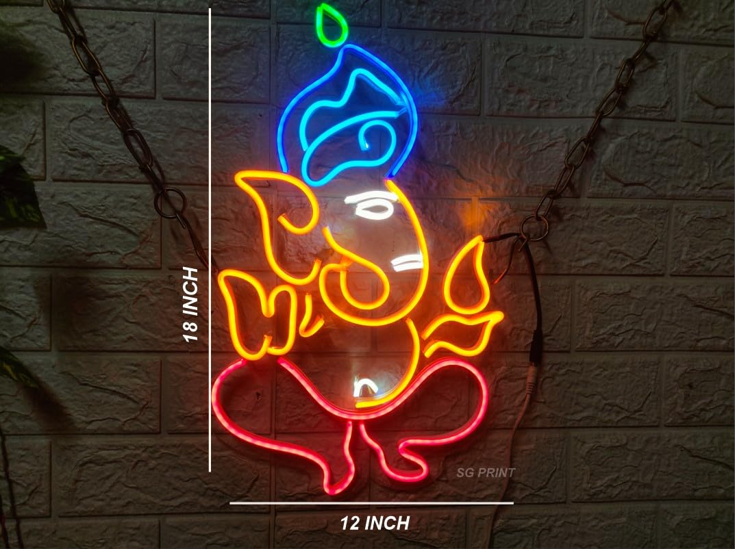 Ganesha LED Neon Light | Wall Decor | Living Room Wall Light | Lord Ganesha Neon (24x18 inches) - Orange & Blue