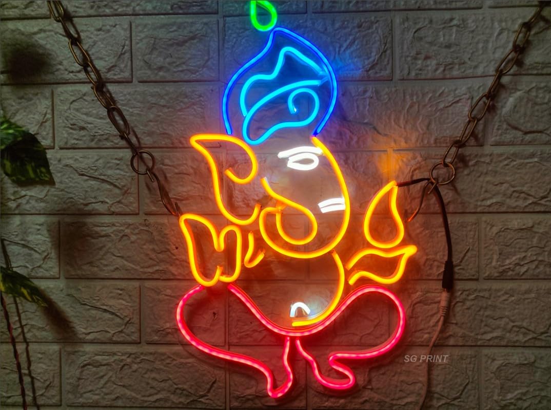 Ganesha LED Neon Light | Wall Decor | Living Room Wall Light | Lord Ganesha Neon (24x18 inches) - Orange & Blue
