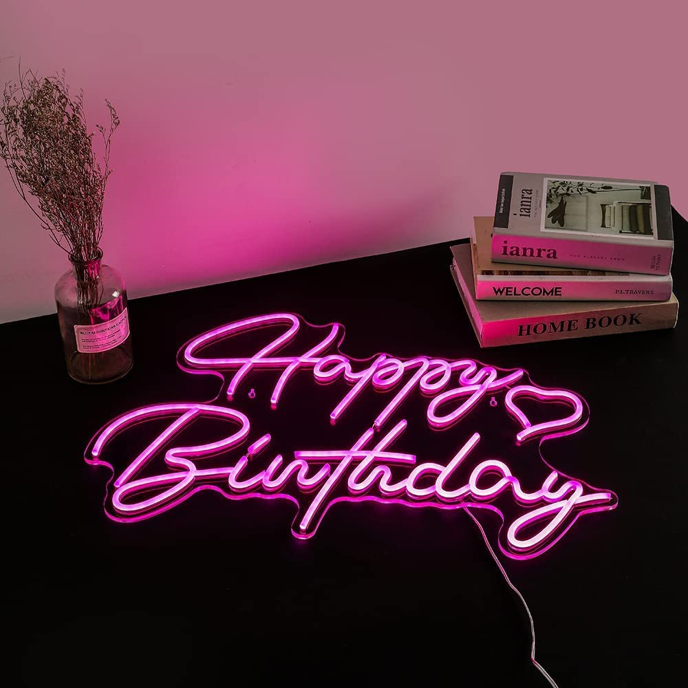 Dimmable Pink Happy Birthday Neon Sign 16.5x12 in, LED, Birthday Decoration