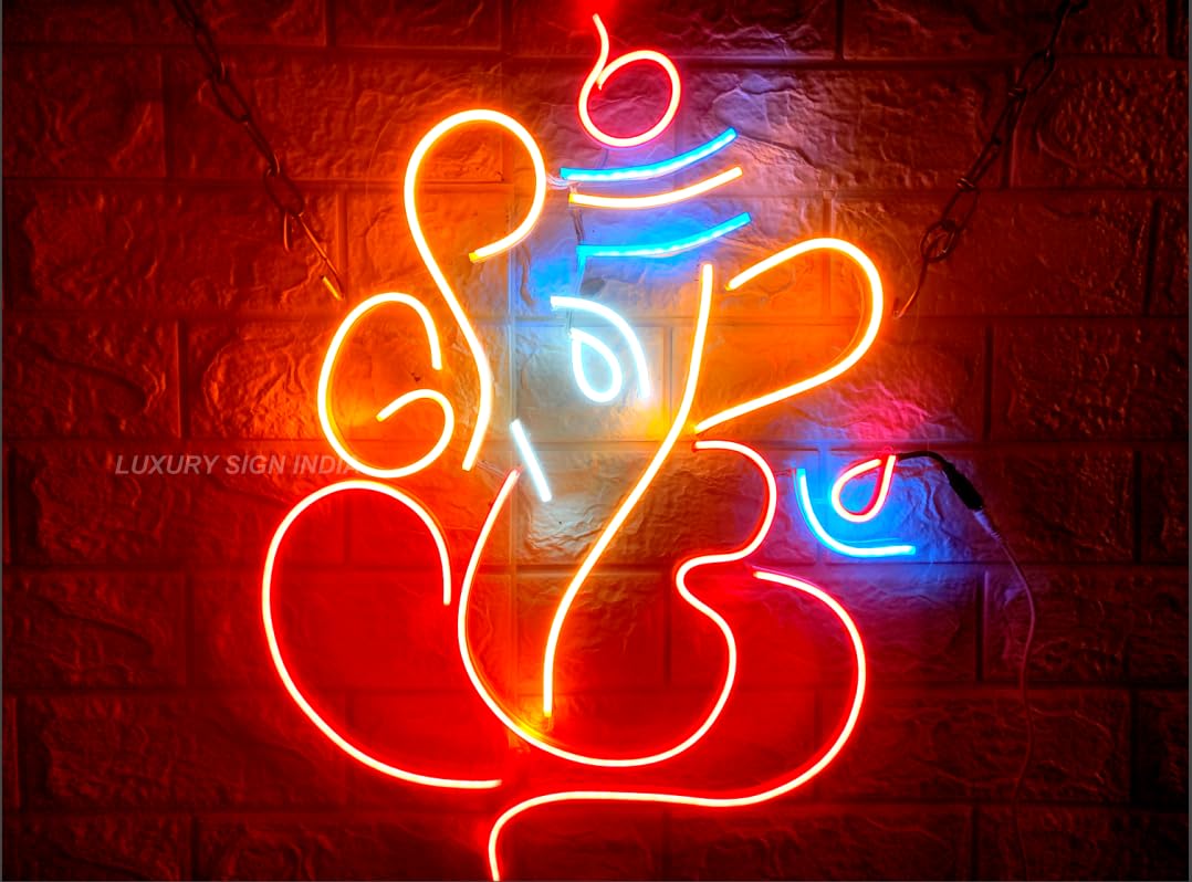 Lord Ganesh Neon Light | Wall Decor | LED (24x18") - Orange Blue