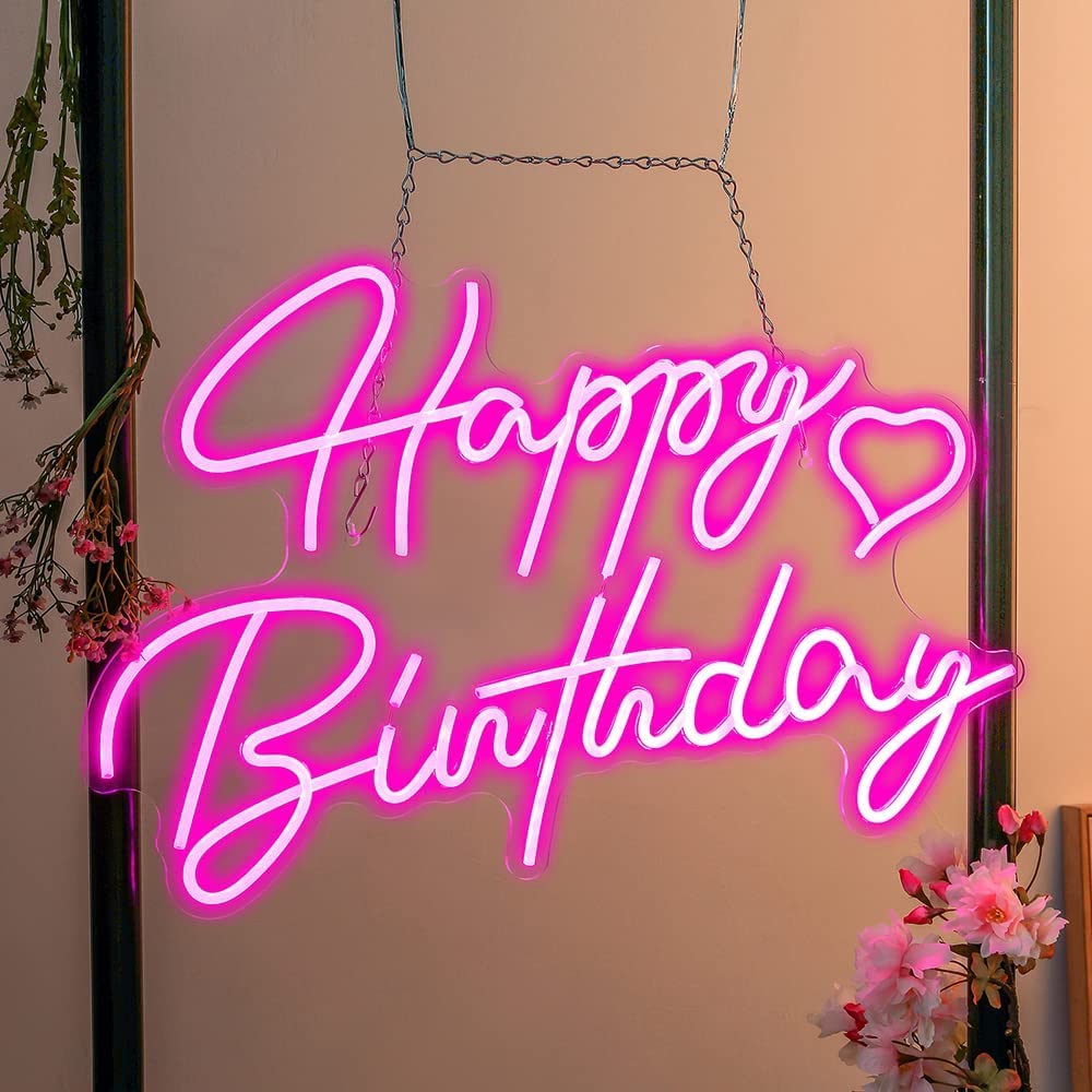 Dimmable Pink Happy Birthday Neon Sign 16.5x12 in, LED, Birthday Decoration