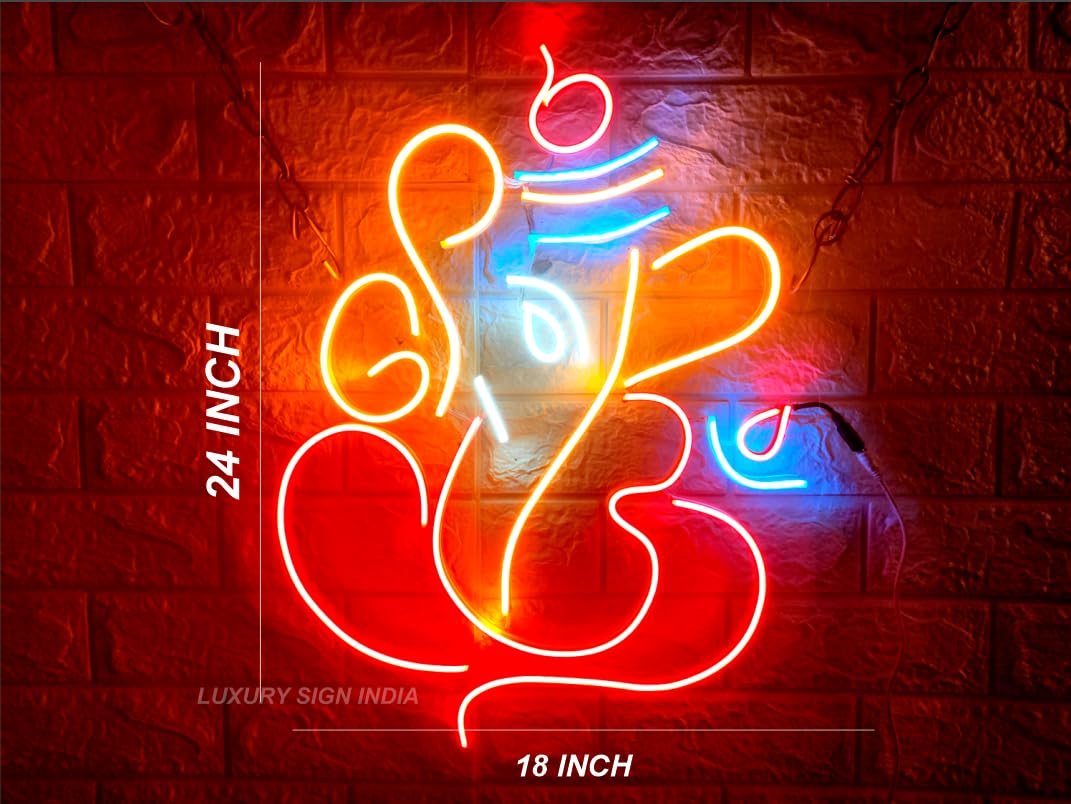 Lord Ganesh Neon Light | Wall Decor | LED (24x18") - Orange Blue