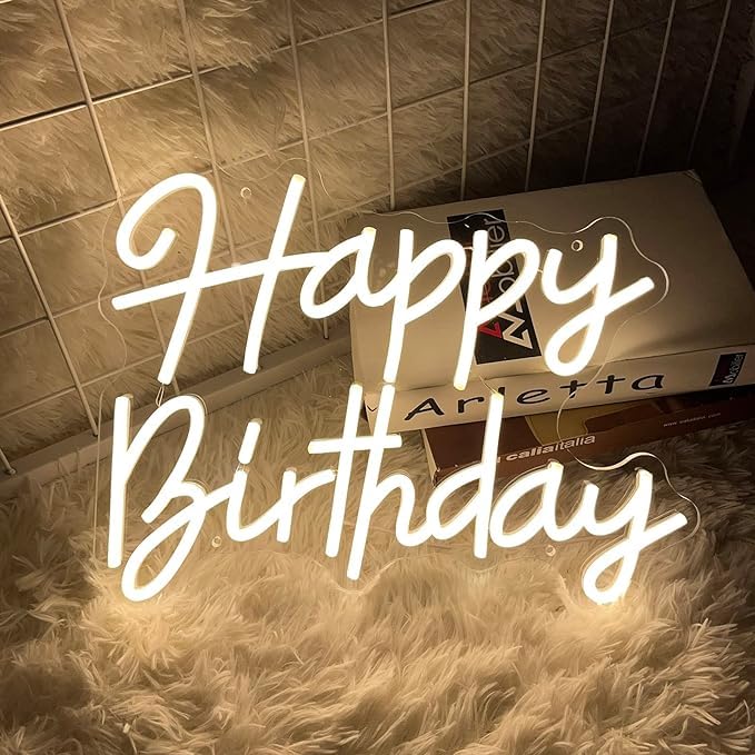 Dimmable Warm White LED Happy Birthday Neon Sign (15X10X1 CM)