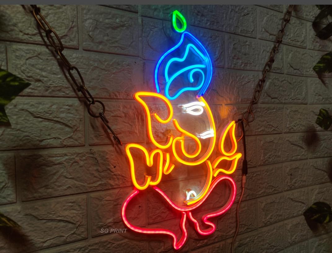 Ganesha LED Neon Light | Wall Decor | Living Room Wall Light | Lord Ganesha Neon (24x18 inches) - Orange & Blue