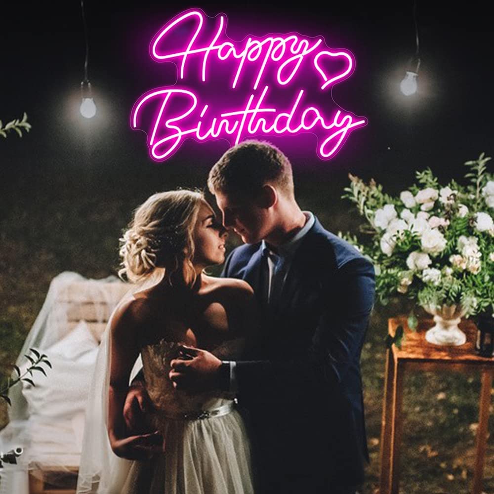 Dimmable Pink Happy Birthday Neon Sign 16.5x12 in, LED, Birthday Decoration