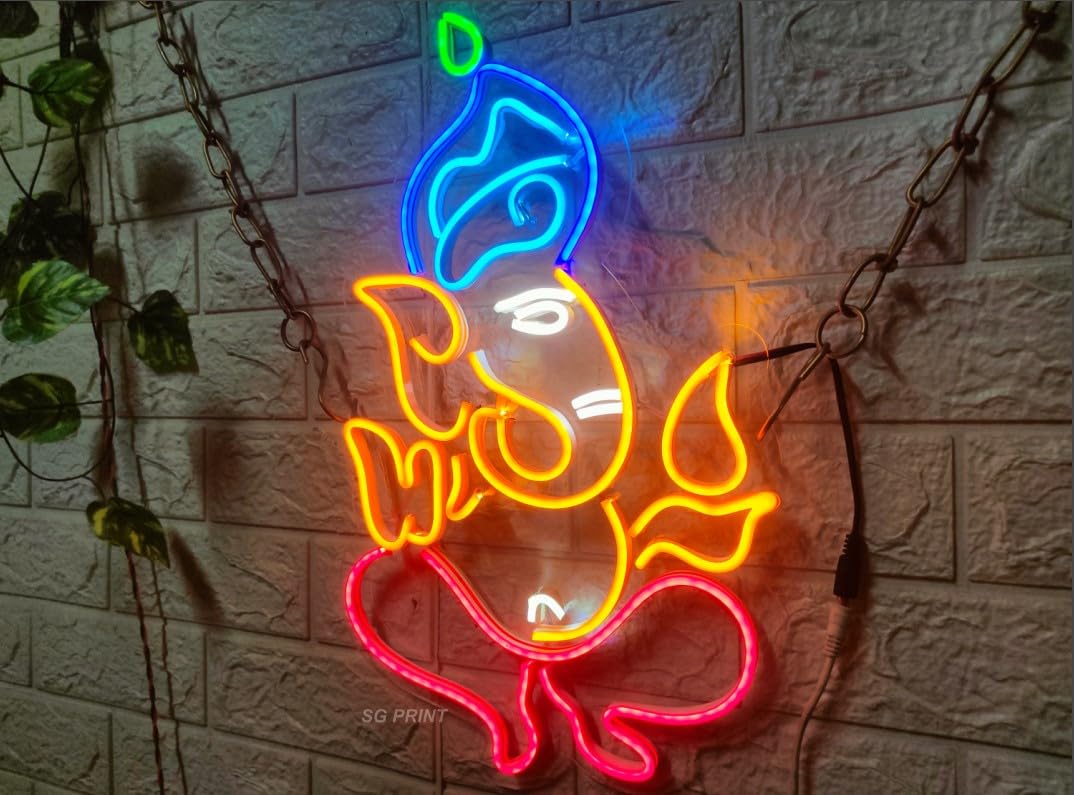 Ganesha LED Neon Light | Wall Decor | Living Room Wall Light | Lord Ganesha Neon (24x18 inches) - Orange & Blue
