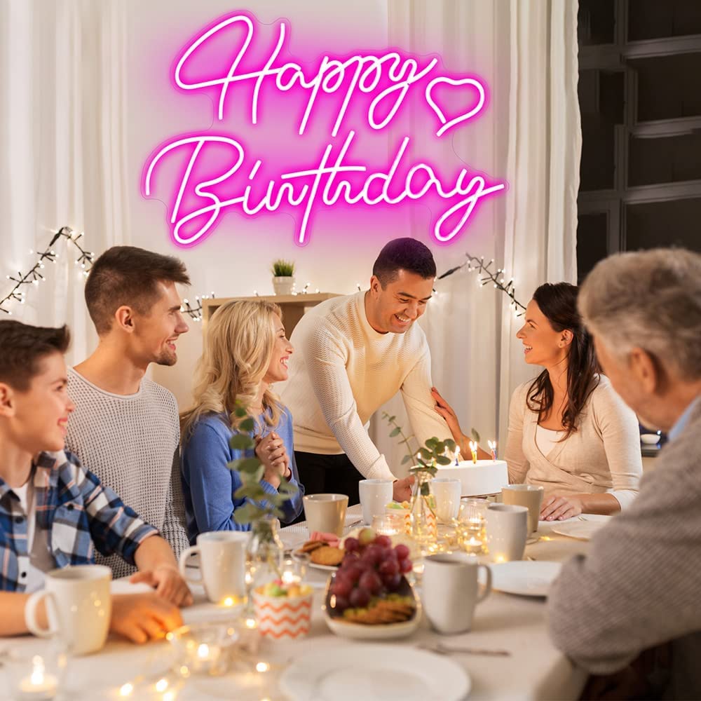 Dimmable Pink Happy Birthday Neon Sign 16.5x12 in, LED, Birthday Decoration