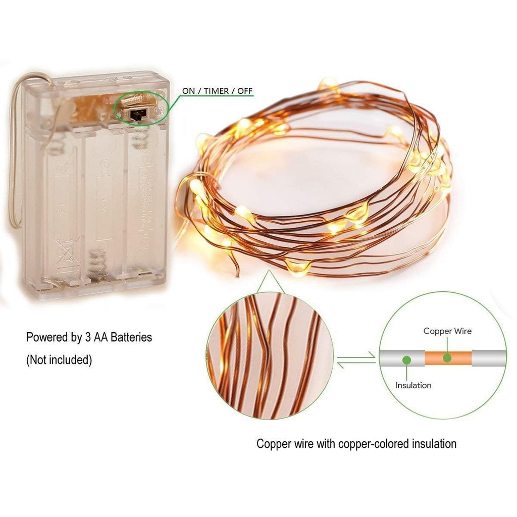 3M Waterproof Copper Wire Fairy Lights, Battery-Powered with 30 Warm White LEDs for Holidays & Decor (1 Pack)