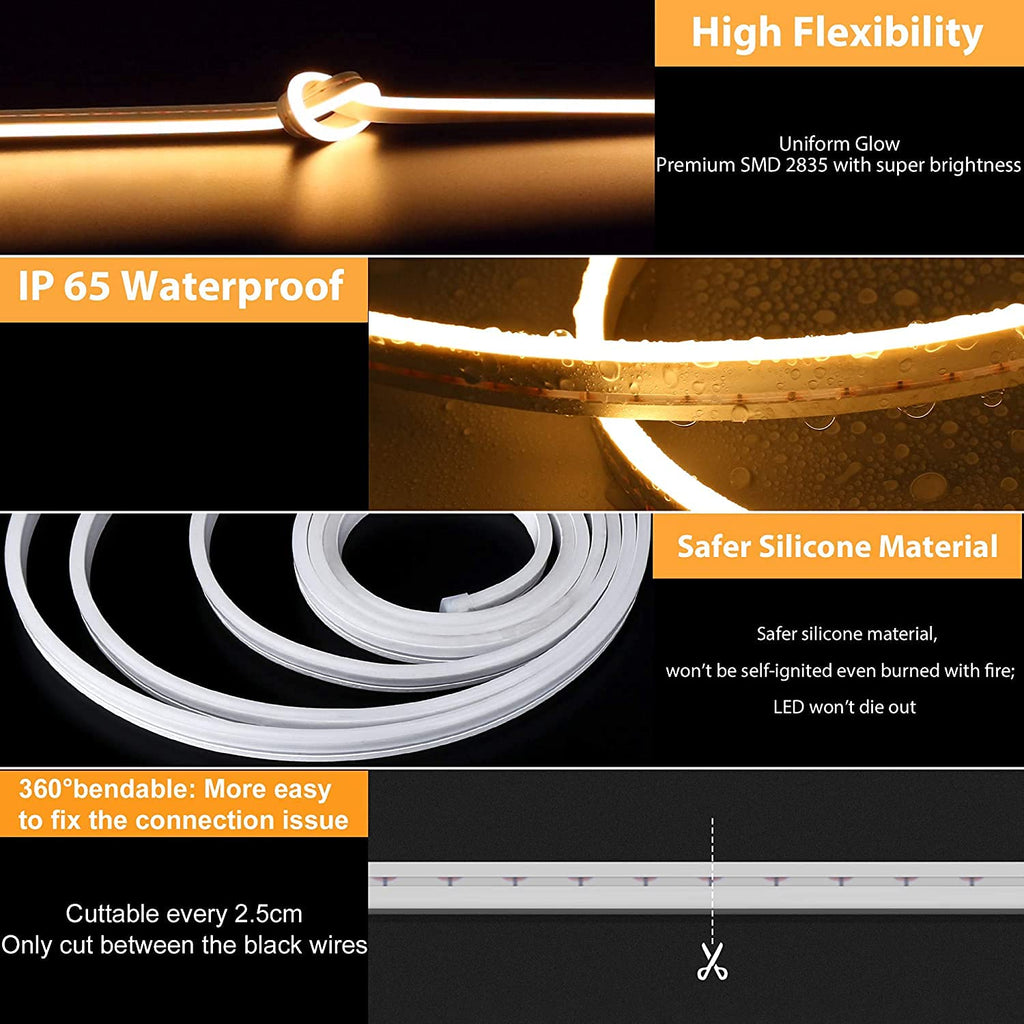 16.4ft LED Neon Strip Rope Lights, Flat Silicone, Cuttable, IP65 Waterproof, Warm White