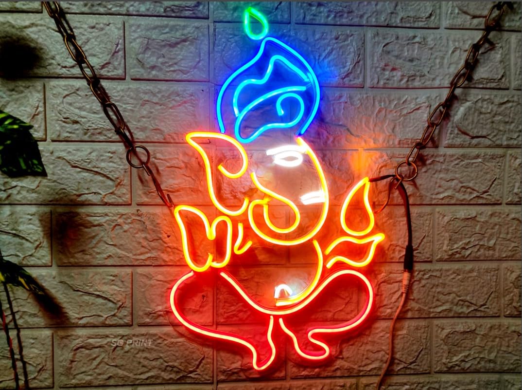 Ganesha LED Neon Light | Wall Decor | Living Room Wall Light | Lord Ganesha Neon (24x18 inches) - Orange & Blue