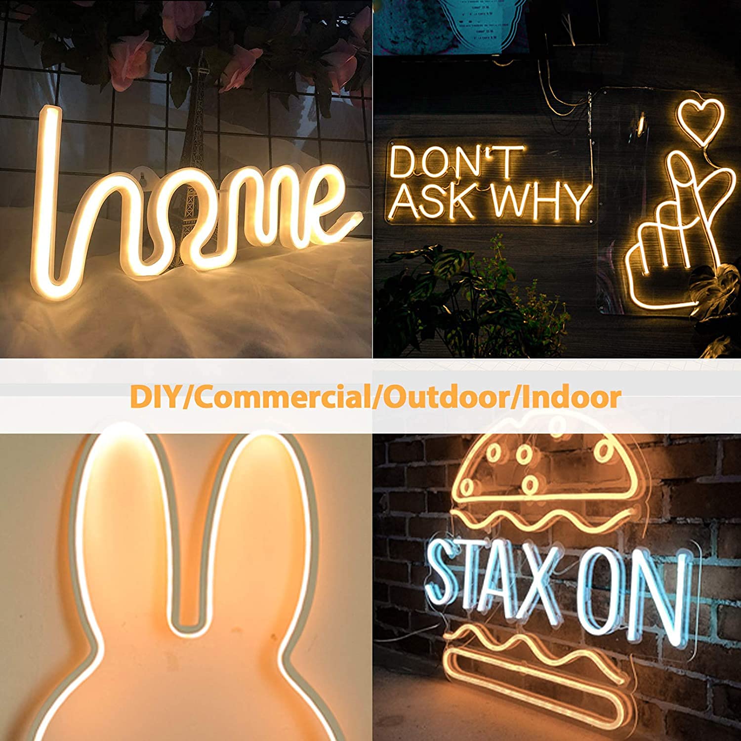16.4ft LED Neon Strip Rope Lights, Flat Silicone, Cuttable, IP65 Waterproof, Warm White