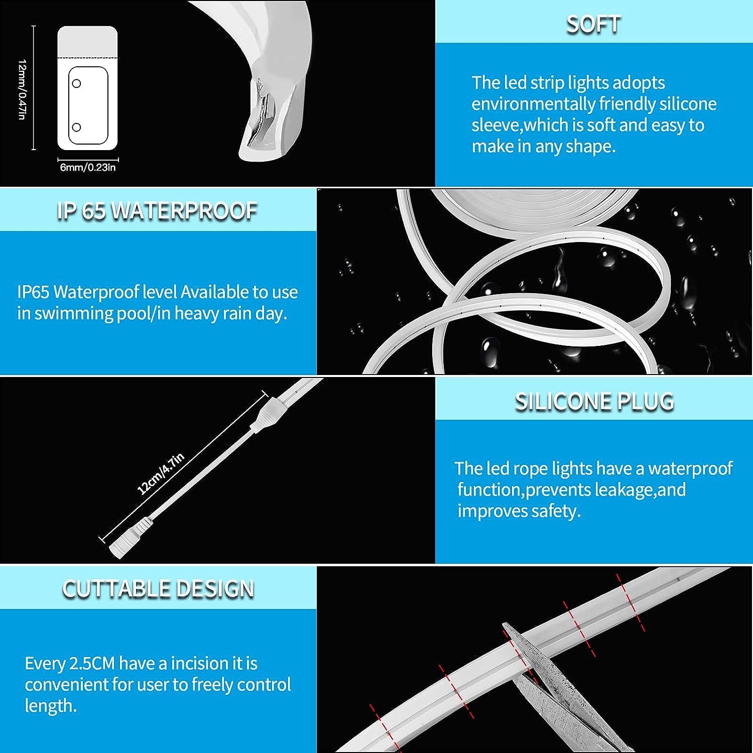 Waterproof Ice Blue LED Neon Strip Light - 5m