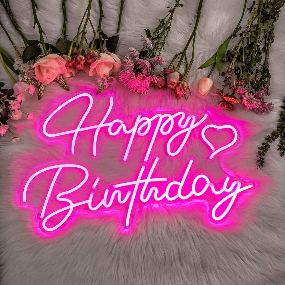 Dimmable Pink Happy Birthday Neon Sign 16.5x12 in, LED, Birthday Decoration