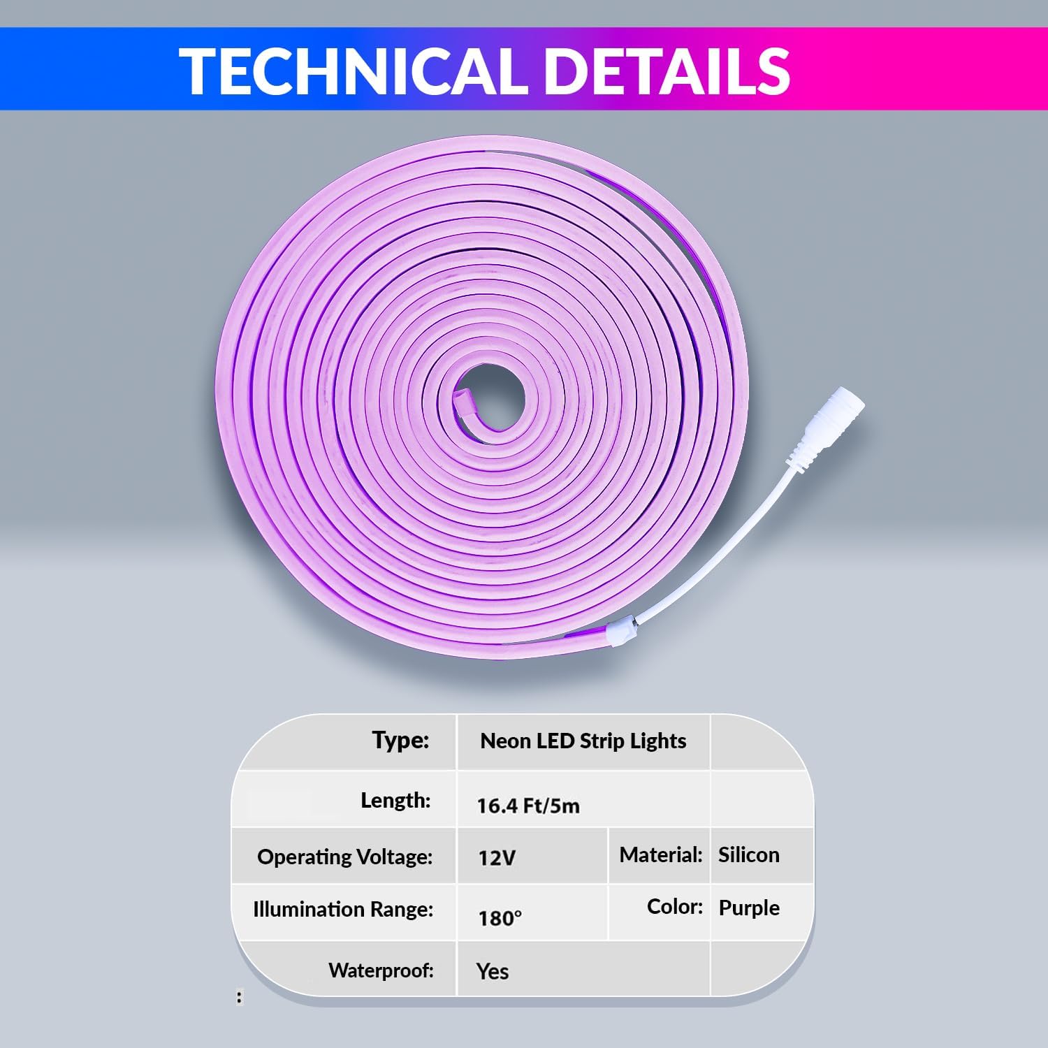 5m Purple LED Neon Strip Light | Waterproof, Blinker, DC12V Adapter
