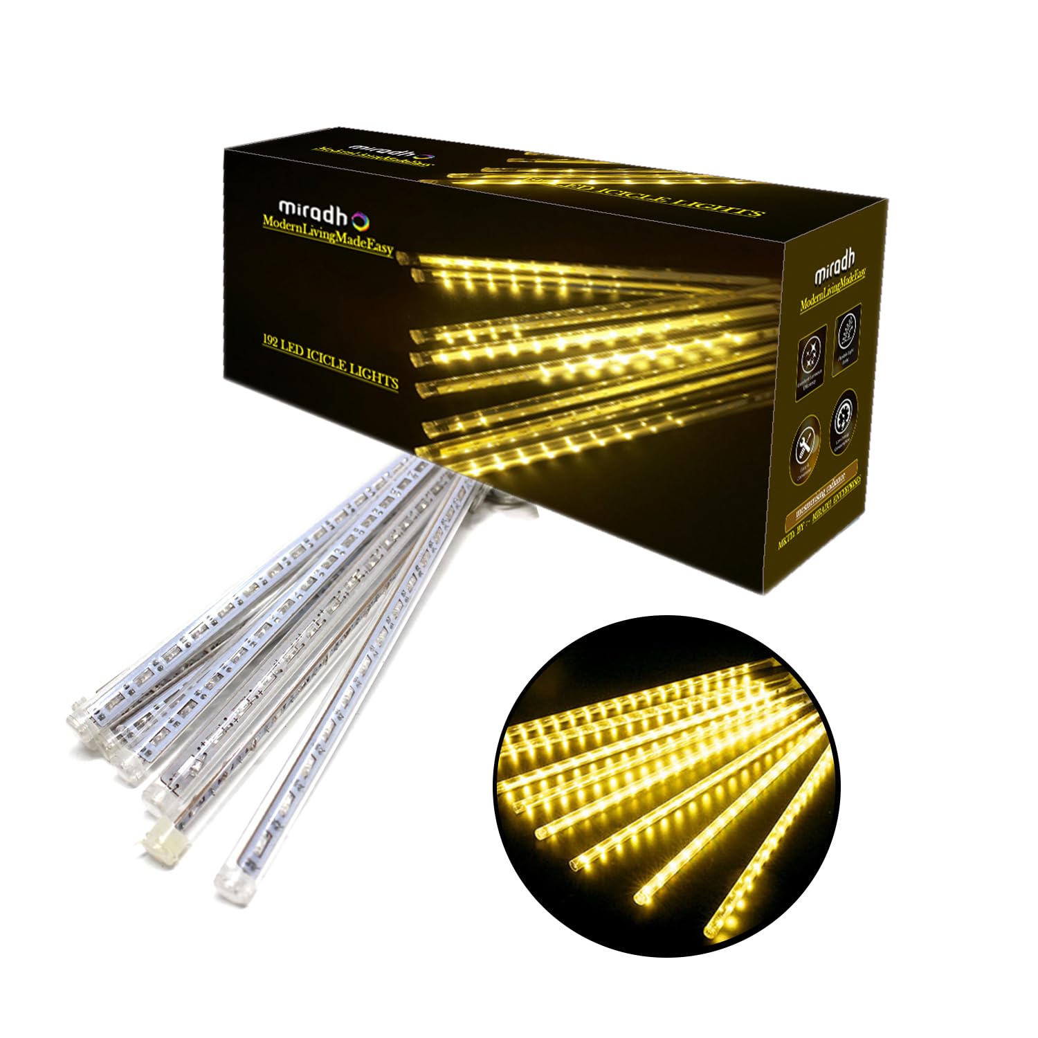 LED Meteor Shower Lights - 11.8" 8 Tubes 192 LEDs - Icicle Falling Lights - Warm White