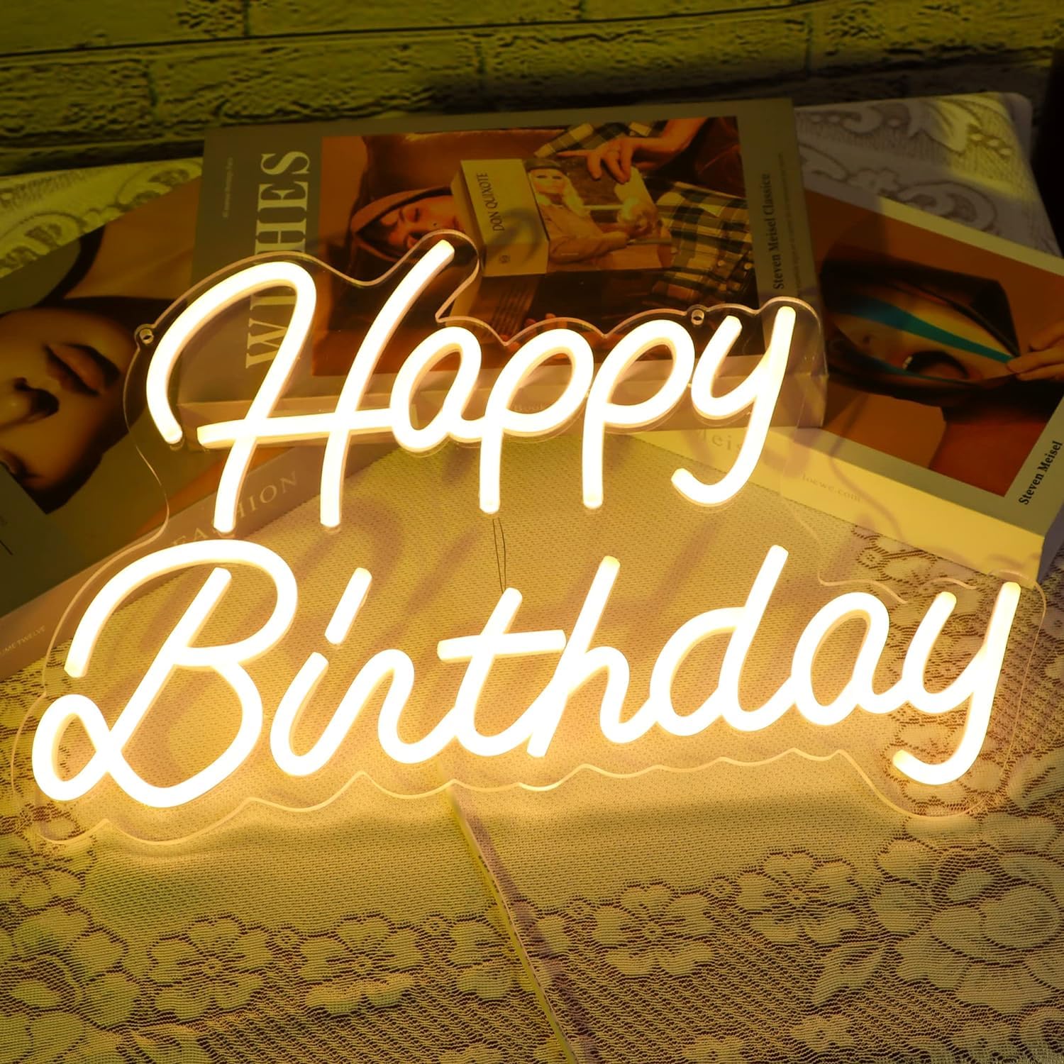 LED Happy Birthday Neon Sign - Dimmable, Reusable - 16.5x10 Inch
