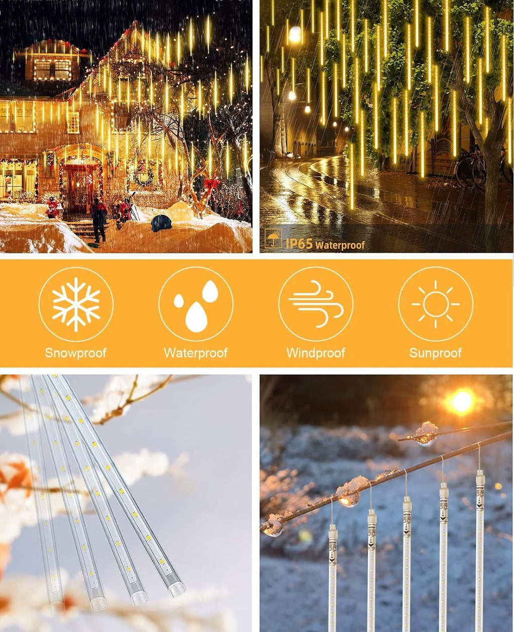 LED Meteor Shower Lights - 11.8" 8 Tubes 192 LEDs - Icicle Falling Lights - Warm White
