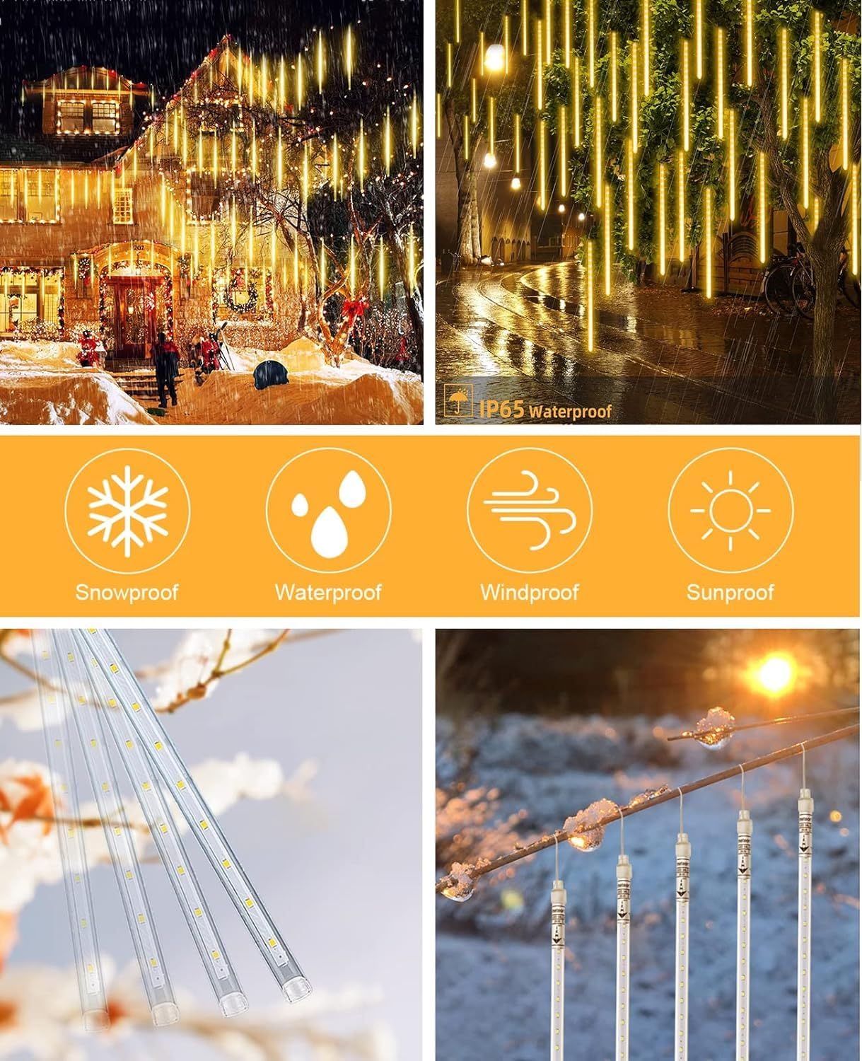LED Meteor Shower Lights - 11.8" 8 Tubes 192 LEDs - Icicle Falling Lights - Warm White