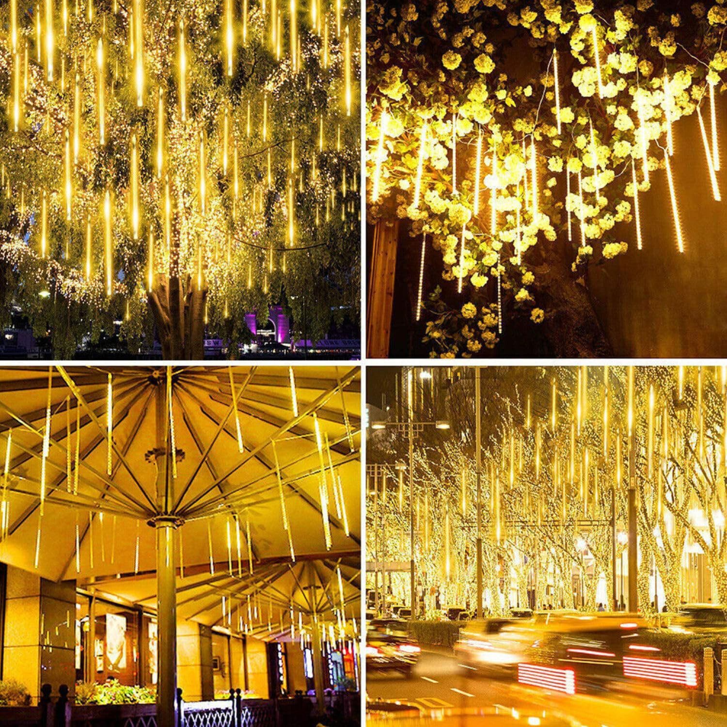 LED Meteor Shower Lights - 11.8" 8 Tubes 192 LEDs - Icicle Falling Lights - Warm White