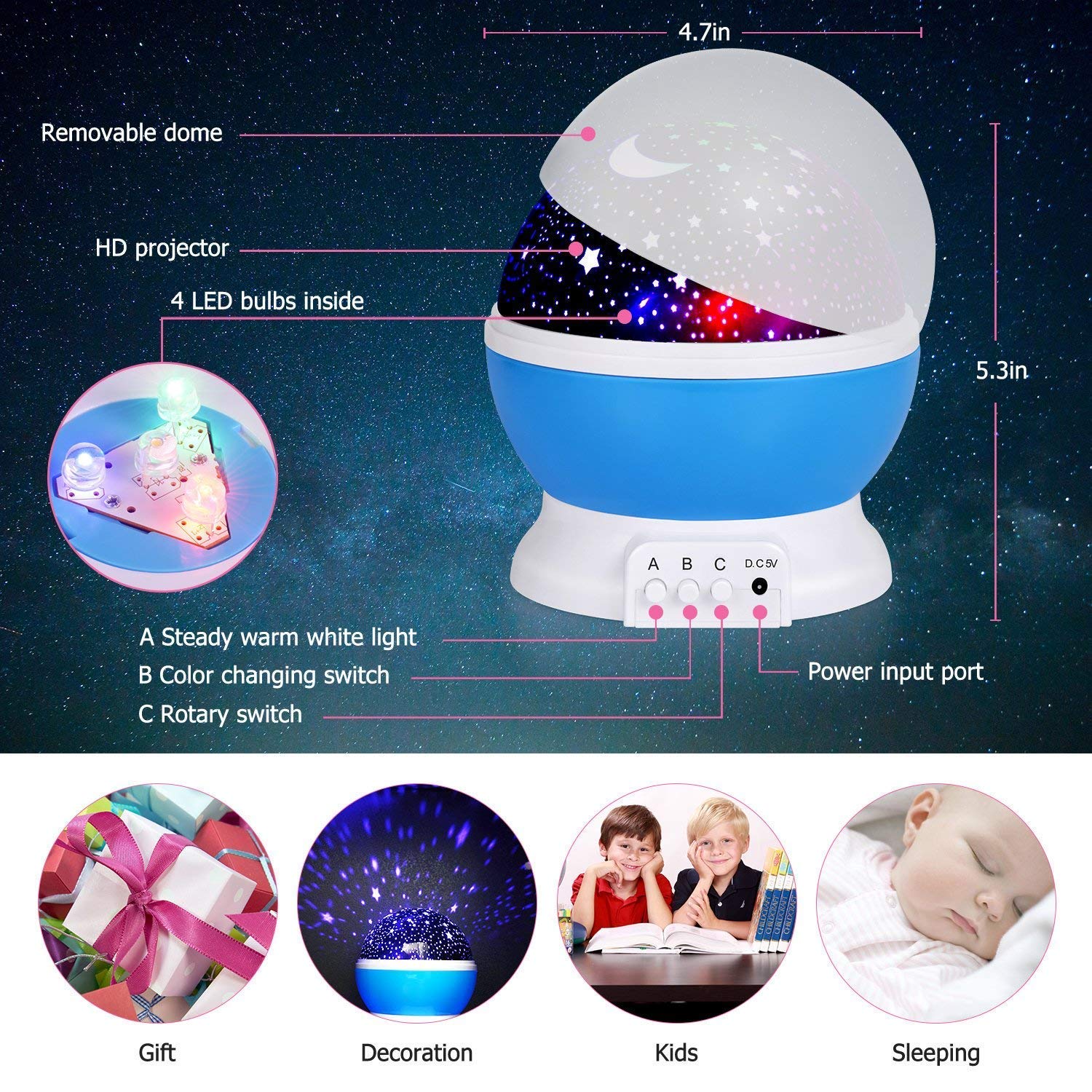 LED Galaxy Star Projector Night Light - USB Powered, Colorful Rotating Lamp for Bedroom, Kids, Home Decor - Assorted Colors