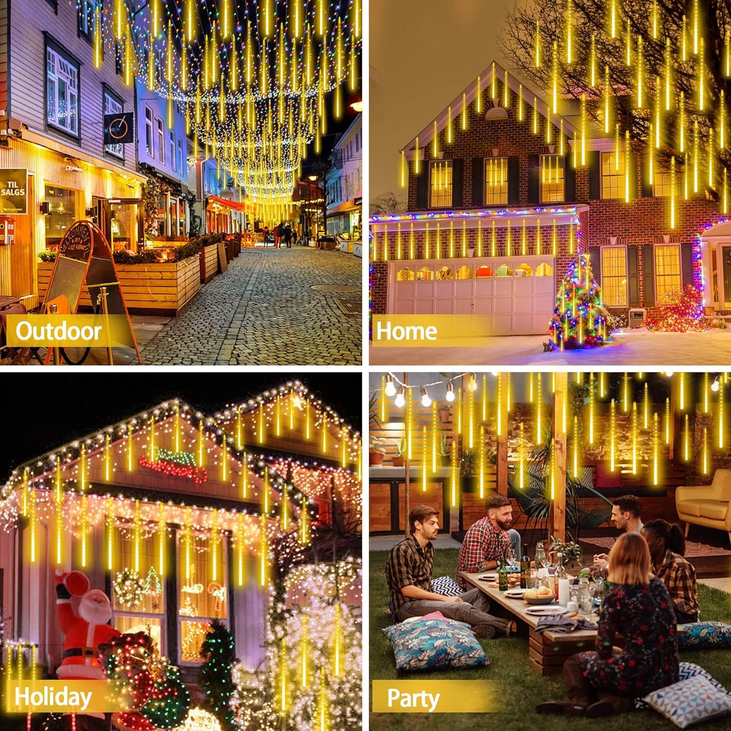 LED Meteor Shower Lights - 11.8" 8 Tubes 192 LEDs - Icicle Falling Lights - Warm White